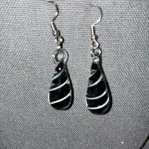 Elegant Black and Silver Tempered Glass Swirl Earrings